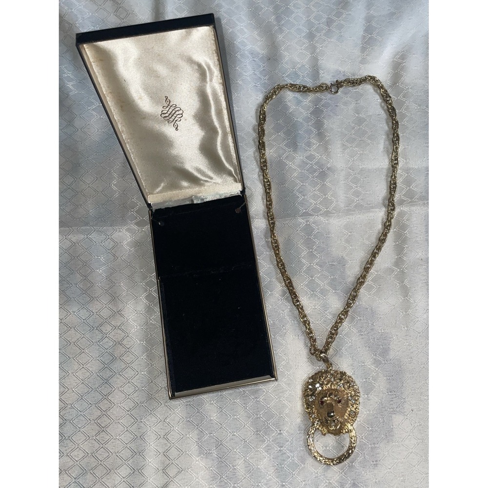Vtg Door Knocker Lion Gold Tone Necklace Bold Chunky  Rhinestone Eyes Chain